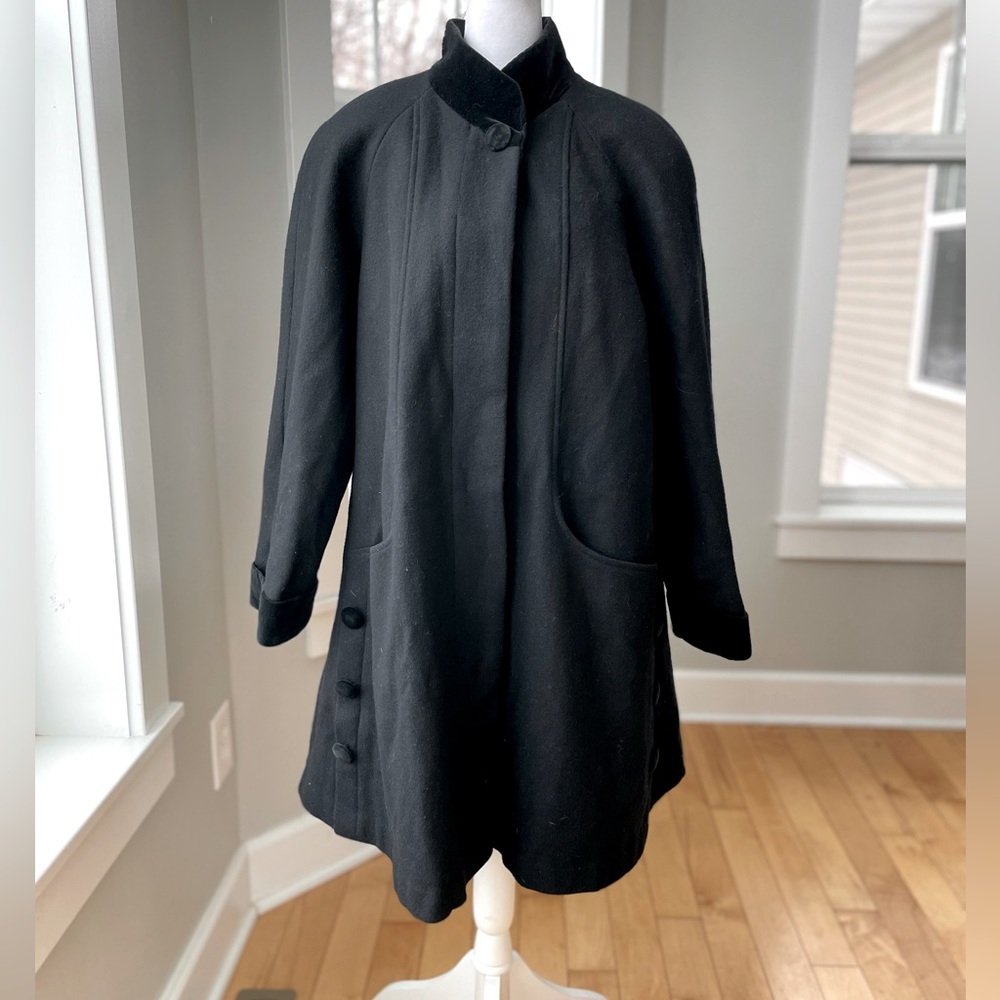 Vintage Herman Kay Black Wool Swing Coat with Velvet Button Details Size 12